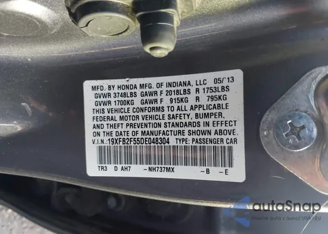 2013 Honda Civic Lx z USA, uszkodzony, nr VIN 19XFB2F55DE048304